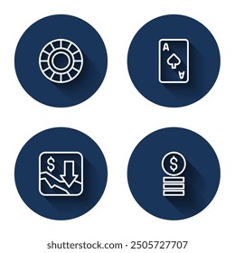 Set line Casino chips, Playing card with spades symbol, Financial growth decrease and dollar with long shadow. Blue circle button. Vector