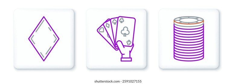 Set line Casino chips, Playing card with diamonds symbol and Hand holding playing cards icon. Vector