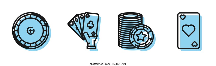 Set line Casino chips, Casino roulette wheel, Hand holding playing cards and Playing card with heart symbol icon. Vector
