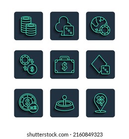 Set line Casino chips, roulette wheel, slot machine with clover, Briefcase and money, exchange,  and Game dice icon. Vector