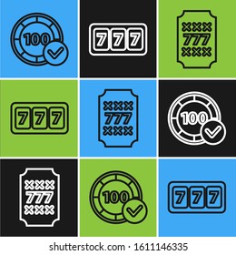 Set line Casino chips, Slot machine with lucky sevens jackpot and Slot machine with lucky sevens jackpot icon. Vector