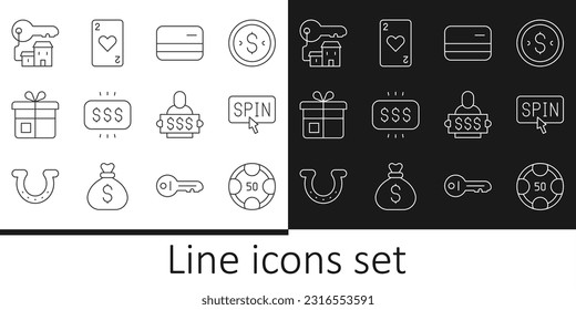 Set line Casino chips, Slot machine spin button, Credit card, Money prize casino, Gift box, Winning house with key, Winner holding ticket and Playing heart icon. Vector