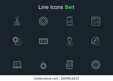 Set line Casino chips, Slot machine, Online sports betting, American football money, dealer, with jackpot and exchange icon. Vector