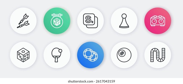 Set line Casino chips, Time chess clock, Game dice, Billiard pool snooker ball, Chip for board game, Bingo, Board and Racket icon. Vector