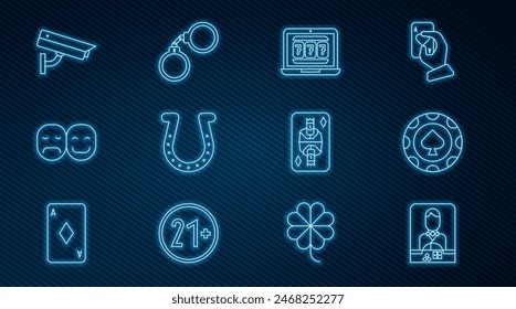 Set line Casino dealer, chips, Laptop and slot machine, Horseshoe, Poker player, Security camera, King playing card with diamonds and Handcuffs icon. Vector