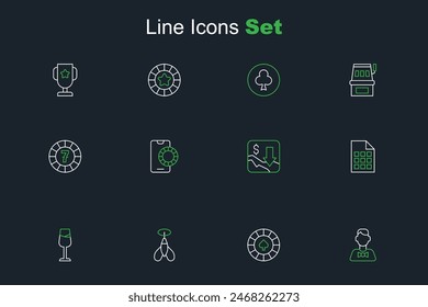Set line Casino dealer, chips, Dart arrow, Wine glass, Lottery ticket, Financial growth decrease, Online sports betting and  icon. Vector