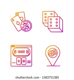 Set line Casino location, Online poker table game, Playing cards and glass of whiskey with ice cubes and Game dice. Gradient color icons. Vector