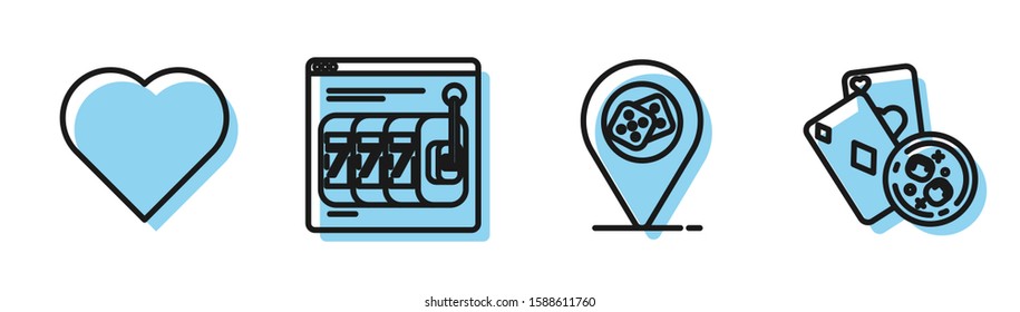 Set line Casino location, Playing card with heart symbol, Online slot machine with lucky sevens jackpot and Playing cards and glass of whiskey with ice cubes icon. Vector