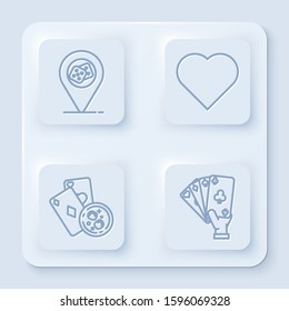 Set line Casino location, Playing card with heart symbol, Playing cards and glass of whiskey with ice cubes and Hand holding playing cards. White square button. Vector