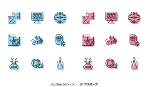 Set line Casino losing, chips, Game dice, Crown, Online slot machine, and playing cards and with lucky sevens jackpot icon. Vector