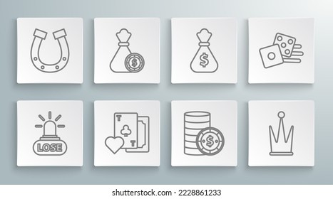 Set line Casino losing, Money bag and casino chips, Playing card with clubs symbol, dollar, Crown, Game dice and Horseshoe icon. Vector