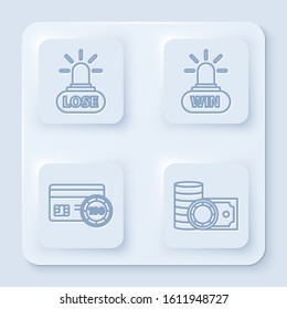 Set line Casino losing, Casino win, Credit card and Casino chips and stacks money cash. White square button. Vector