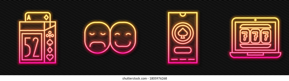 Set line Casino poker tournament invitation, Deck of playing cards, Poker player and Laptop and slot machine. Glowing neon icon. Vector