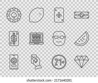 Set Line Casino Poker Tournament Invitation, Diamond, Playing Card With Clubs, Hand Holding Playing Cards, Chips, Laptop Slot Machine, 21 Plus And Watermelon Icon. Vector