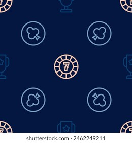 Set line Casino poker trophy cup, Playing card with clubs symbol and chips on seamless pattern. Vector