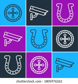 Set line Casino roulette wheel, Horseshoe and Security camera icon. Vector