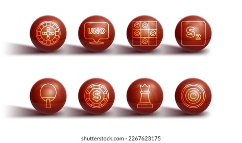 Set line Casino roulette wheel, Racket, Bingo, Chess, chip with dollar, Uno card game, Checker chips and Board of checkers icon. Vector