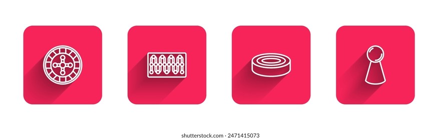 Set line Casino roulette wheel, Board game, Checker chips and Chip for board with long shadow. Red square button. Vector