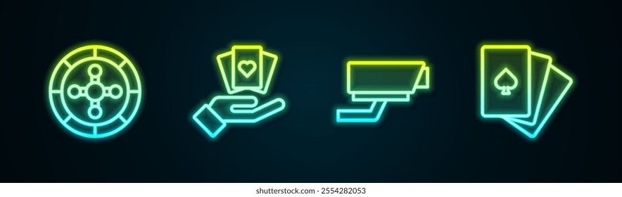 Set line Casino roulette wheel, Hand holding playing cards, Security camera and Deck of. Glowing neon icon. Vector