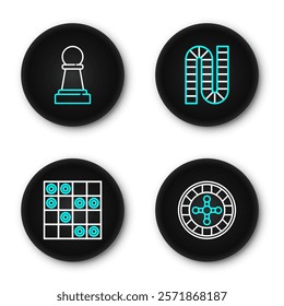 Set line Casino roulette wheel, Board game of checkers,  and Chess icon. Vector