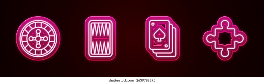 Set line Casino roulette wheel, Backgammon board, Playing cards and Puzzle pieces toy. Glowing neon icon. Vector
