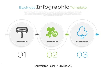 Set line Casino signboard, Casino chips, game dice and glass of whiskey with ice cubes and Playing card with clubs symbol. Business infographic template. Vector