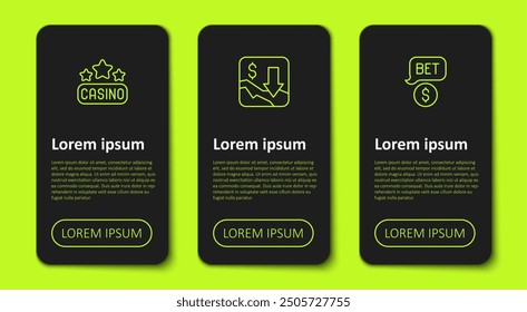 Set line Casino signboard, Financial growth decrease and chip with dollar. Business infographic template. Vector
