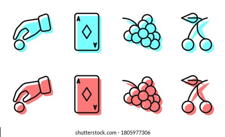 Set line Casino slot machine with grape, Hand holding casino chips, Playing card with diamonds and Casino slot machine with cherry icon. Vector