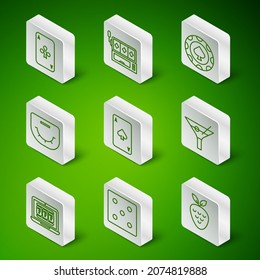Set line Casino slot machine with strawberry, Game dice, Playing card clubs, spades, Poker table, Slot, Laptop and and Martini glass icon. Vector