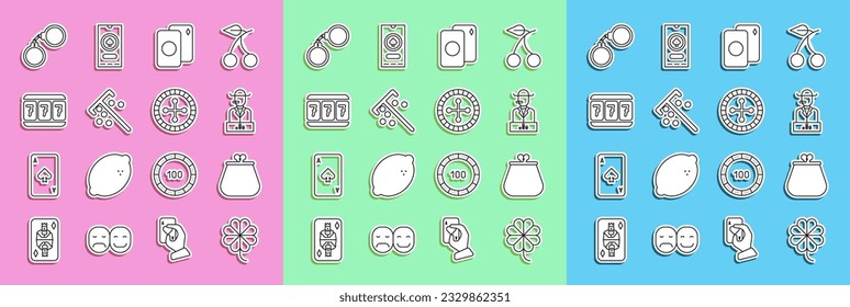 Set line Casino slot machine with clover, Wallet, Poker player, Deck of playing cards, Stick for chips, Slot lucky sevens, Handcuffs and roulette wheel icon. Vector