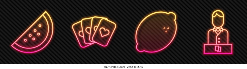 Set line Casino slot machine with lemon, Casino slot machine with watermelon, Deck of playing cards and Casino dealer. Glowing neon icon. Vector