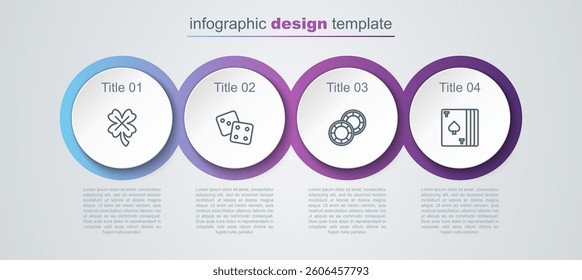 Set line Casino slot machine with clover, Game dice, chips and Deck of playing cards. Business infographic template. Vector