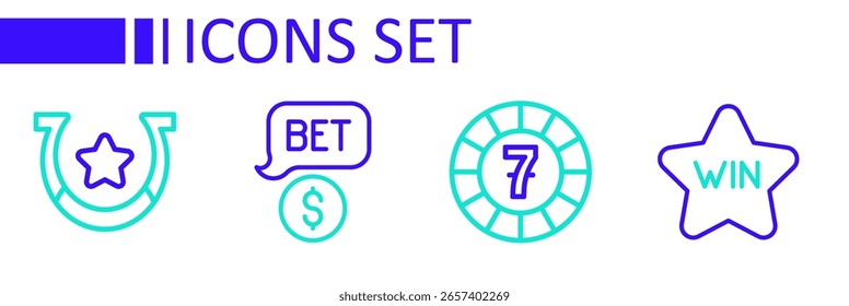 Setzen Sie Linie Casino gewinnen, Chips, mit Dollar und Hufeisen-Symbol. Vektorgrafik