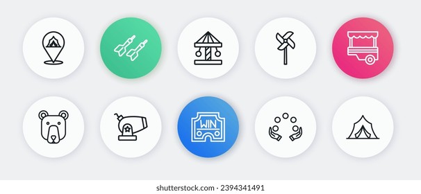 Set line Casino win, Fast street food cart, Bear head, Juggling ball, Pinwheel toy, Attraction carousel, Circus tent and Cannon icon. Vector