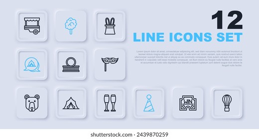 Set line Casino win, Hot air balloon, Roller coaster, Party hat, Circus tent, Cotton candy and Bowling pin icon. Vector