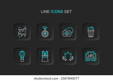 Set line Casino win, Juggling ball, Magician hat and rabbit ears, Hot air balloon, Popcorn cardboard box, Circus ticket, Unicycle and Carnival garland with flags icon. Vector