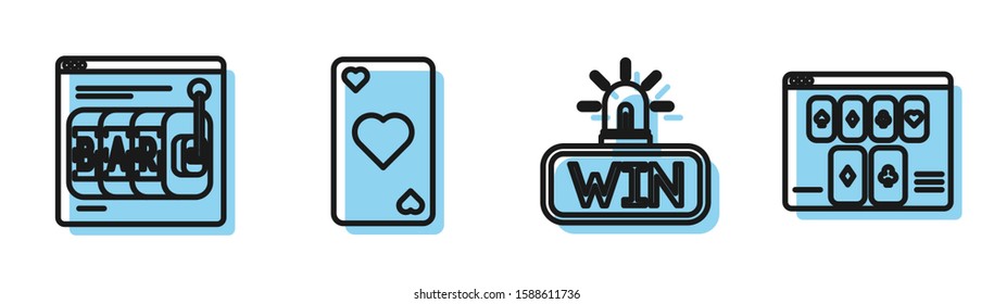 Set line Casino win, Online slot machine, Playing card with heart symbol and Online poker table game icon. Vector