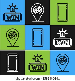 Set line Casino win, Playing card back and Casino location icon. Vector