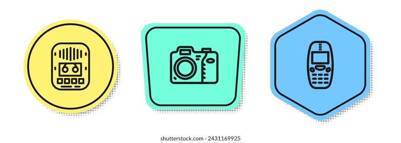 Set line Cassette tape player, Photo camera and Old mobile phone. Colored shapes. Vector