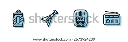 Set line Cassette tape player, Soda can with straw, Electric bass guitar and Radio antenna icon. Vector