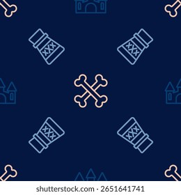 Set line Castle, Bottle with potion and Crossed bones on seamless pattern. Vector