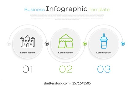 Set line Castle, Circus tent and Paper glass with drinking straw and water. Business infographic template. Vector