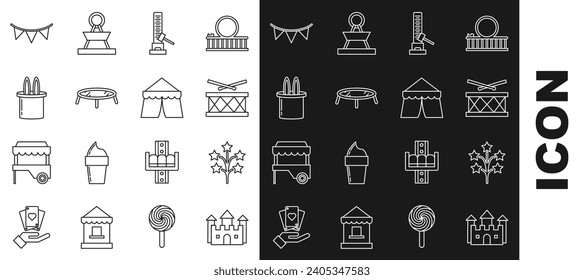 Set line Castle, Fireworks, Drum with drum sticks, High striker attraction big hammer, Jumping trampoline, Magician hat and rabbit ears, Carnival garland flags and Circus tent icon. Vector