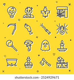 Set line Castle, fortress, Burning candle, Spider, Scarecrow, Zombie finger, Scythe, Skull and Magic wand icon. Vector