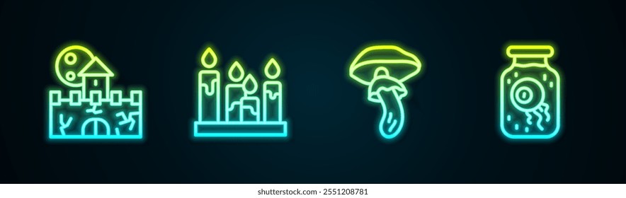 Set line Castle, fortress, Burning candle, Psilocybin mushroom and Eye jar. Glowing neon icon. Vector