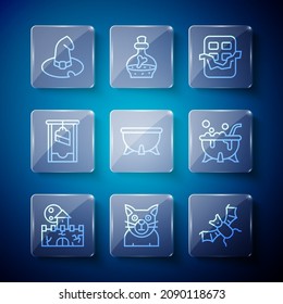 Set line Castle, fortress, Cat, Flying bat, Chocolate bar, Halloween witch cauldron, Guillotine, Witch hat and  icon. Vector