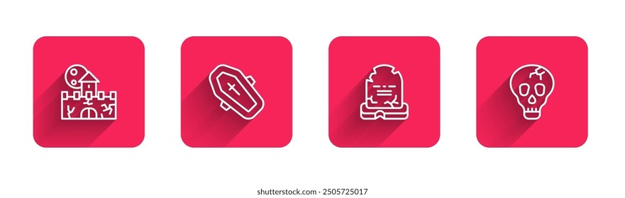 Set line Castle, fortress, Coffin with cross, Tombstone RIP written and Skull with long shadow. Red square button. Vector