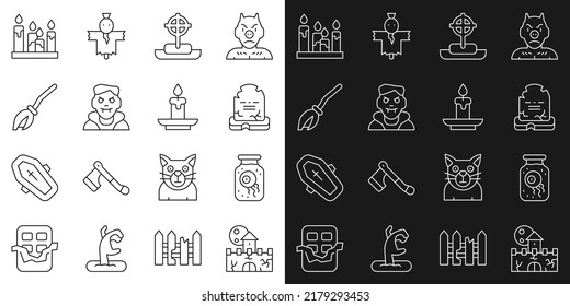 Set line Castle, fortress, Eye in jar, Tombstone with RIP written, cross, Vampire, Witches broom, Burning candle and  icon. Vector