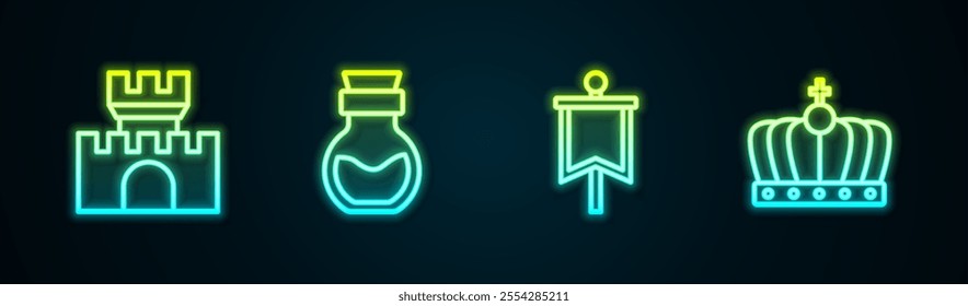 Set line Castle, fortress, Poison in bottle, Medieval flag and King crown. Glowing neon icon. Vector