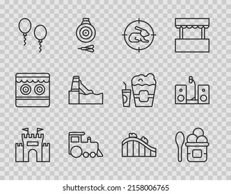 Set line Castle, Ice cream in bowl, Hunt on rabbit with crosshairs, Toy train, Balloons, Water slide, Roller coaster and Home stereo two speakers icon. Vector